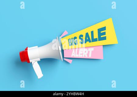 Sfondo blu brillante con un megafono che annuncia un grande avviso di vendita, catturando l'attenzione e promuovendo offerte speciali per gli acquirenti online. rendering 3d. Foto Stock