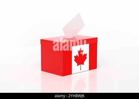 Il tabellone rosso con la bandiera canadese su sfondo bianco simboleggia il voto in un'elezione, incarnando democrazia, politica e dovere civico in Canada. Foto Stock