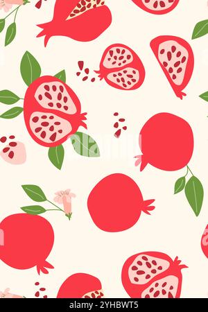 Poster di melograno verticale astratto, illustrazione piatta vettoriale. Modello luminoso estivo o autunnale con frutta tropicale, design della copertura per la raccolta. Può essere utilizzato per Illustrazione Vettoriale