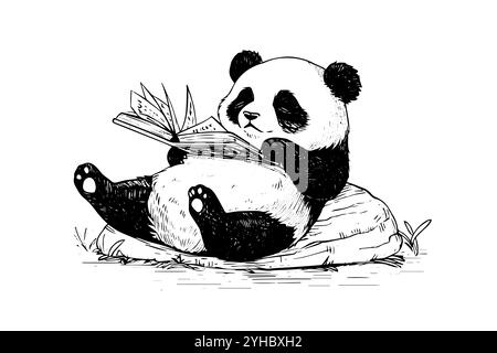 Panda legge un libro disegnato a mano con inchiostro. Illustrazione vettoriale. Illustrazione Vettoriale