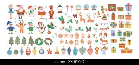 Simpatici elementi e personaggi natalizi. Collezione di adesivi per Capodanno tradizionale. Illustrazione vettoriale piatta decoro natalizio. Pacchetto di personaggi natalizi di babbo natale, pupazzo di neve, pinguino, elfo, gnomo. Illustrazione Vettoriale