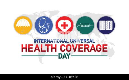 International Universal Health Coverage Day illustrazione moderna. Adatto per biglietti d'auguri, poster e striscioni. Illustrazione Vettoriale