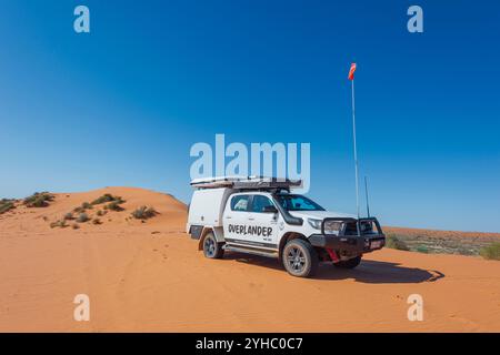 Toyota Hilux a 4 ruote motrici sulla cima della duna di sabbia Big Red, Simpson Desert, Queensland, QLD, Australia Foto Stock