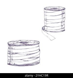 Nastri viola con cinturino a serpentina in tessuto. Illustrazione vettoriale a inchiostro disegnato a mano per cucire forniture per ricami artigianali. Set di oggetti isolati Illustrazione Vettoriale