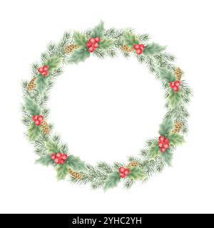 Corona di Natale con agrifoglio, bacche rosse, foglie verdi, rami di abete e coni. Illustrazione delle feste isolata ad acquerello disegnata a mano per il modello, l'adesivo, l'etichetta e il design dei biglietti di auguri di Capodanno. Foto Stock