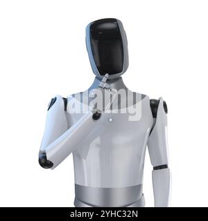 robot umanoide con rendering 3d o ai cyborg con faccia nera pensa o analizza isolato su bianco Foto Stock