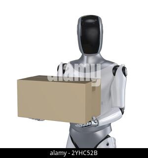 Concetto logistico intelligente con il robot di consegna del rendering 3d che invia una confezione isolata sul bianco Foto Stock