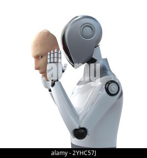 robot umanoidi o cyborg con rendering 3d indossano pelle di tipo umano isolata sul bianco Foto Stock