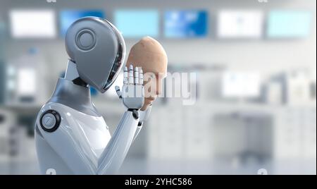 robot umanoidi o cyborg con rendering 3d indossano una pelle simile a quella umana in laboratorio Foto Stock