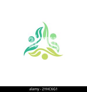 Design del logo astratto con foglie per tre persone. Icona Leaf Nature Organic Illustrazione Vettoriale