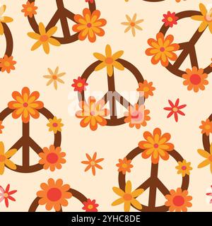 Segni di pace e amore con motivo Groovy retro Flowers senza cuciture. Per tessuto, tessuto e carta da imballaggio. Illustrazione Vettoriale
