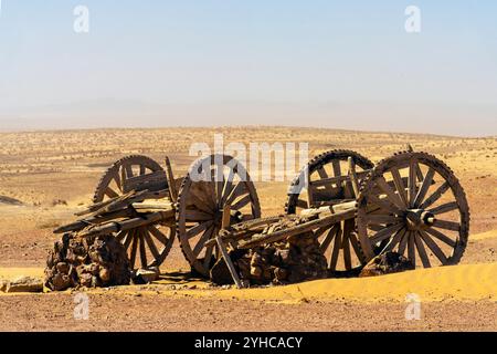 Antica carrozza a cavallo fuori Ayaz-Kala, le rovine di uno dei castelli più grandi dell'antica Khorezm. Uzbekistan. Foto Stock