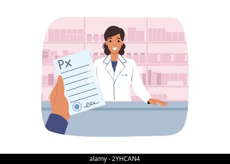 Modulo prescrizione RX in mano al visitatore della farmacia che è venuto da farmacista donna per la medicina Illustrazione Vettoriale