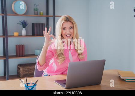 Una giovane donna allegra che lavora da casa al suo laptop, mostrando un buon gesto, in un luminoso salotto. Lei trasuda entusiasmo e fiducia mentre Foto Stock