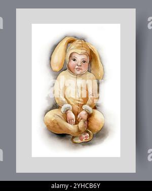 Il bambino vestito da coniglietto di peluche con le orecchie lunghe si siede sul pavimento e guarda lo schermo. Grafica acquerello Illustrazione Vettoriale