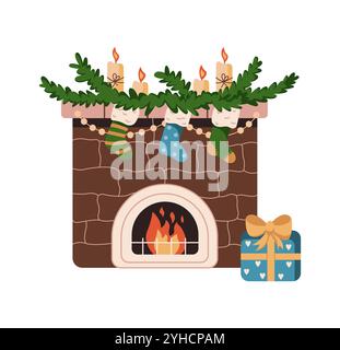 Caminetto adornato con rami di abeti e candele oggetto vettoriale di colore piatto. Un'atmosfera accogliente di Natale su sfondo bianco Illustrazione Vettoriale