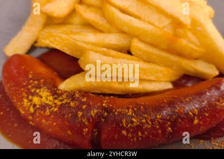 Düsseldorf, Deutschland, Eine Currywurst mit Sauce und Pommes Frites im Restaurant Curry in Düsseldorf am 04.11.2024 *** Düsseldorf, Germania, currywurst con salsa e patatine fritte al ristorante Curry di Düsseldorf il 04 11 2024 Foto Stock