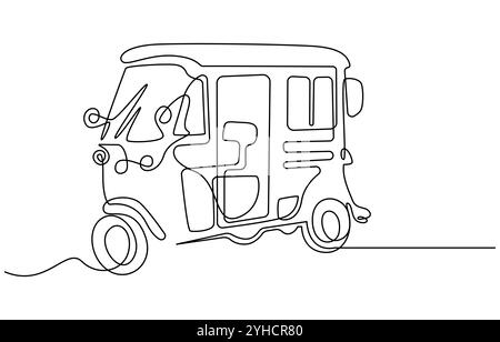 La linea singola continua di disegno Tuk Tuk Thailand è spesso utilizzata dai turisti, Bajaj Tuk Tuk minimalista Line Art Disegno a linea continua tradizionale Illustrazione Vettoriale