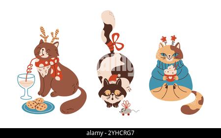 Adorabile set di caratteri vettoriali a colori per il nuovo anno. Animali in accessori festivi per illustrazioni natalizie in bundle su sfondo bianco Illustrazione Vettoriale