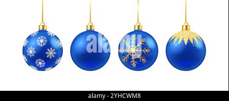 Baule natalizie blu con motivi a fiocchi di neve, set di icone colorate realistiche. Ornamenti per le festività di Capodanno oggetti 3d illustrazioni su bianco Illustrazione Vettoriale