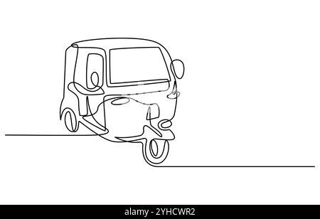 La linea singola continua di disegno Tuk Tuk Thailand è spesso utilizzata dai turisti, Bajaj Tuk Tuk minimalista Line Art Disegno a linea continua tradizionale Illustrazione Vettoriale