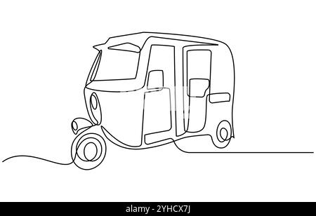 La linea singola continua di disegno Tuk Tuk Thailand è spesso utilizzata dai turisti, Bajaj Tuk Tuk minimalista Line Art Disegno a linea continua tradizionale Illustrazione Vettoriale