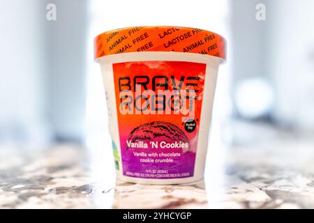 Avon, USA - 29 giugno 2022: Primo piano dell'etichetta del dessert del gelato vegano per le proteine del latte sintetizzate a base di vaniglia e biscotti Foto Stock