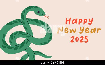 Felice anno nuovo 2025 banner serpente. Biglietto d'auguri con il simbolo dell'anno 2025. Serpente carino e testo semplice. Illustrazione Vettoriale