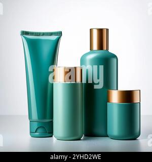 Set di confezioni cosmetiche, shampoo, crema, sapone liquido. In tonalità di verde con coperchi dorati, senza etichette, per applicare il logo. Foto Stock