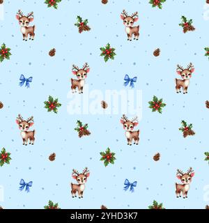 Motivo ad acquerello natalizio. Motivo natalizio senza cuciture con un bel prato, foglie agrillate e pinecone e fiocco blu natalizio. Foto Stock