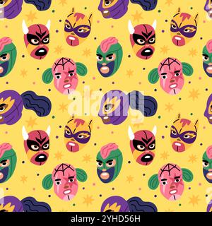Lucha Libre mascherina senza cuciture. Ritratti di lottatori professionisti. Spettacolo di combattimento messicano. Stampa ripetuta. Teste colorate luchador. Mazza sportiva da lotta Illustrazione Vettoriale