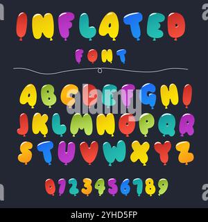 Carattere delle bollature ad aria a colori. Divertenti lettere o numeri per bambini. Forme arrotondate gonfiate. Alfabeto luminoso. Composizione natalizia. Flying ABC Typeface. Festa di compleanno Illustrazione Vettoriale