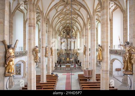 L'interno della Chiesa dell'assunzione presenta una splendida architettura tardo gotica, con alti archi, dettagli intricati e statue dorate che adornano le pareti, invitando i visitatori al culto. Foto Stock