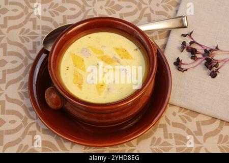 Cucina sveva, zuppa cerebrale con guarnigione di uova, frattaglie, cervello di vitello, regionale, zuppa servita in una ciotola, cucina casalinga, cucina tipica sveva, cucina tradizionale Foto Stock