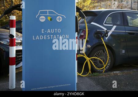 Stazione di ricarica, colonna di ricarica, Stadtwerke Stuttgart per auto elettriche, stazione di ricarica, stazione di alimentazione elettrica, mobilità elettrica, cavo di ricarica Foto Stock