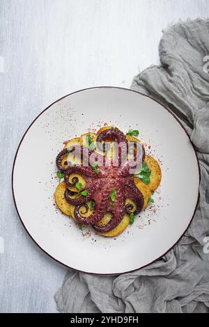 Polpo con patate e spezie, su un piatto leggero, vista dall'alto, niente persone, fatti in casa, primo piano Foto Stock