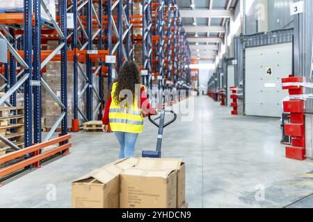 Vista posteriore di una donna che trasporta trolley con scatole lungo un corridoio di un magazzino di distribuzione Foto Stock