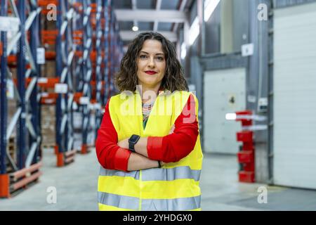 Ritratto di una lavoratrice in un magazzino di distribuzione che indossa un gilet di sicurezza che sembra orgogliosa di stare in piedi con le braccia incrociate Foto Stock