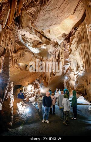 QUICKSBURG, Virginia - Shenandoah Caverns, scoperte nel 1884 durante le operazioni di estrazione della ferrovia nella proprietà di Abraham Neff, presenta ampie formazioni rocciose calcaree accessibili tramite ascensore. Le caverne, sviluppate per il turismo nel 1922 da Hunter Chapman, rimangono l'unica grotta in Virginia con accesso tramite ascensore. Il sistema di grotte mostra formazioni naturali, tra cui stalattiti, stalagmiti e pietre di fiori, attraverso i suoi passaggi sviluppati. Foto Stock