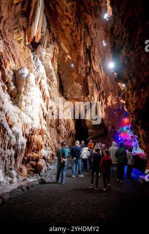 QUICKSBURG, Virginia - Shenandoah Caverns, scoperte nel 1884 durante le operazioni di estrazione della ferrovia nella proprietà di Abraham Neff, presenta ampie formazioni rocciose calcaree accessibili tramite ascensore. Le caverne, sviluppate per il turismo nel 1922 da Hunter Chapman, rimangono l'unica grotta in Virginia con accesso tramite ascensore. Il sistema di grotte mostra formazioni naturali, tra cui stalattiti, stalagmiti e pietre di fiori, attraverso i suoi passaggi sviluppati. Foto Stock