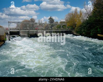 L'acqua scorre su una diga di cemento con scala di pesci sul fiume Tamigi Foto Stock