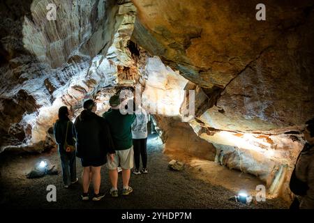 QUICKSBURG, Virginia - Shenandoah Caverns, scoperte nel 1884 durante le operazioni di estrazione della ferrovia nella proprietà di Abraham Neff, presenta ampie formazioni rocciose calcaree accessibili tramite ascensore. Le caverne, sviluppate per il turismo nel 1922 da Hunter Chapman, rimangono l'unica grotta in Virginia con accesso tramite ascensore. Il sistema di grotte mostra formazioni naturali, tra cui stalattiti, stalagmiti e pietre di fiori, attraverso i suoi passaggi sviluppati. Foto Stock