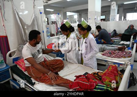 Dacca, Bangladesh. 11 novembre 2024. L'infermiera tratta un paziente coperto di zanzariere affette da febbre dengue riposa all'interno dell'ospedale medico "Shaheed Suhrawardy" di Dhaka, Bangladesh, l'11 novembre 2024. Dal 1° gennaio 2024 all'11 novembre 2024, un totale di 75.142 persone sono state colpite dalla dengue. Almeno 310 persone sono morte nel peggiore focolaio di dengue del Bangladesh mai registrato, hanno detto i funzionari l'11 novembre, mentre gli ospedali sovraccarichi lottano per curare migliaia di pazienti. Crediti: Mamunur Rashid/Alamy Live News Foto Stock
