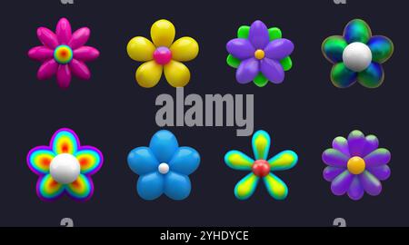 fiori 3d y2k. Adesivi a palloncino, forme a bolla colorate. L'olografia in plastica rende elementi isolati, un design accattivante e soffice. Simbolo Hippy, spp. Estate Illustrazione Vettoriale