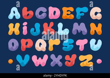 Font bambino. Divertente lettera alfabetica, simpatico tipo di gioco scritto a mano. Divertente o funky, audace disegno eccentrico, inglese infantile, carattere ABC, isol colorato alfabetico Illustrazione Vettoriale
