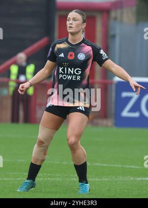 Londra, Regno Unito. 10 novembre 2024. LONDRA, INGHILTERRA - Ruby Mace of Leicester City Women in azione durante la partita di calcio Barclays fa Women's Super League tra West Ham United Women e Leicester City Women al Chigwell Construction Stadium Victoria Road, Dagenham il 10 novembre 2024 a Dagenham, Inghilterra. Crediti: Action foto Sport/Alamy Live News Foto Stock