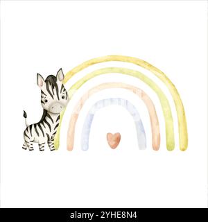 Safari acquerello disegnato a mano con zebra per bambini e arcobaleno per bambini Illustrazione Vettoriale
