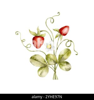 Illustrazione ad acquerello disegnata a mano con cespugli di fragole con foglie, frutti di bosco e fiori Illustrazione Vettoriale