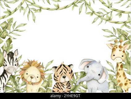 Safari acquerello disegnato a mano, cornice con elefante, leone, tigre, zebra, giraffe e foglie tropicali, superriduttore per bambini Illustrazione Vettoriale