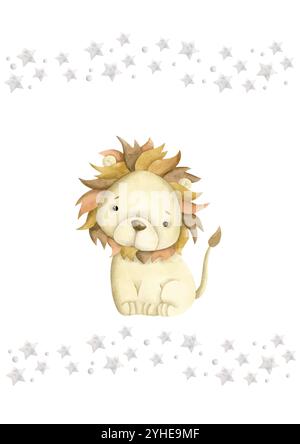 Safari acquerello disegnato a mano con baby leone e stelle per bambini. Modello per biglietti d'auguri o inviti Illustrazione Vettoriale